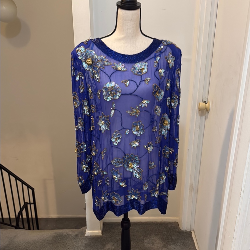 Jovani Blue Floral Embellished Top